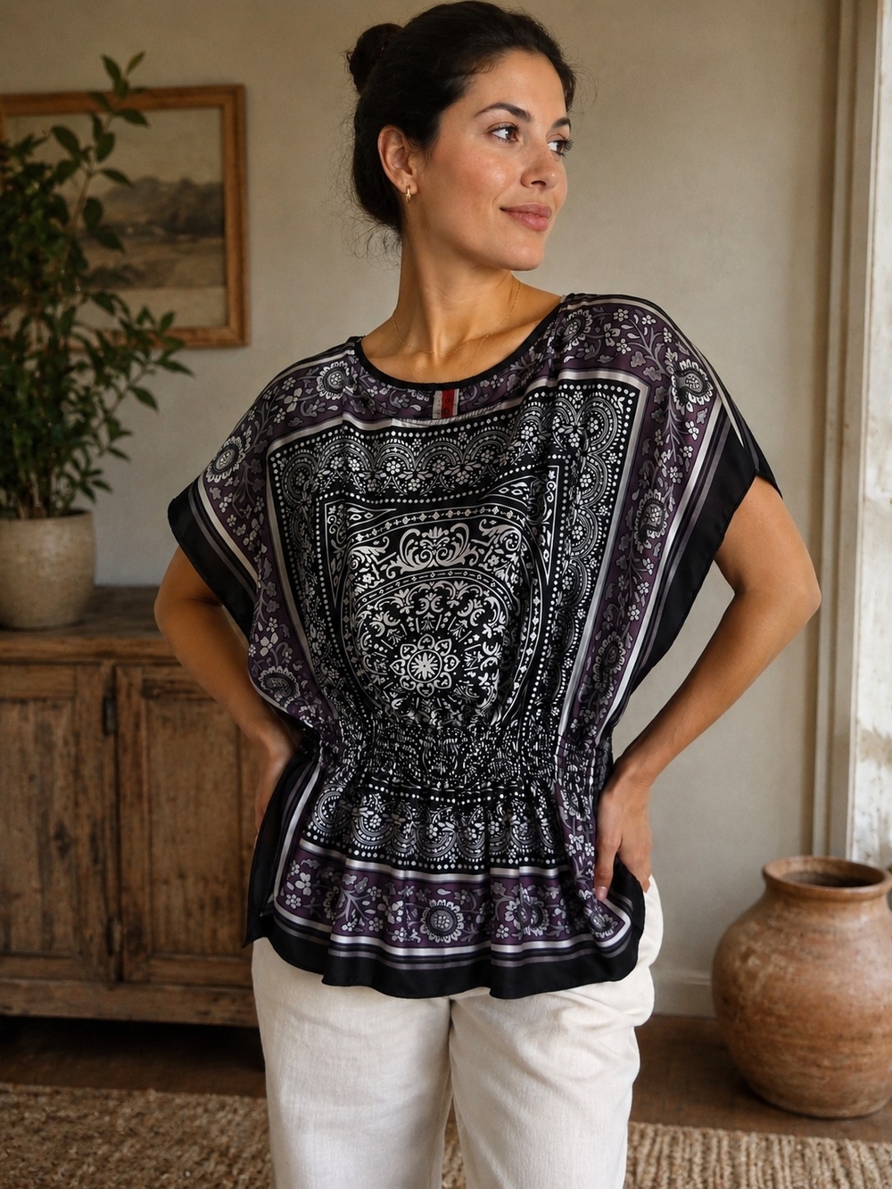Topia Black and Purple Bandana-Print Peasant Blouse
